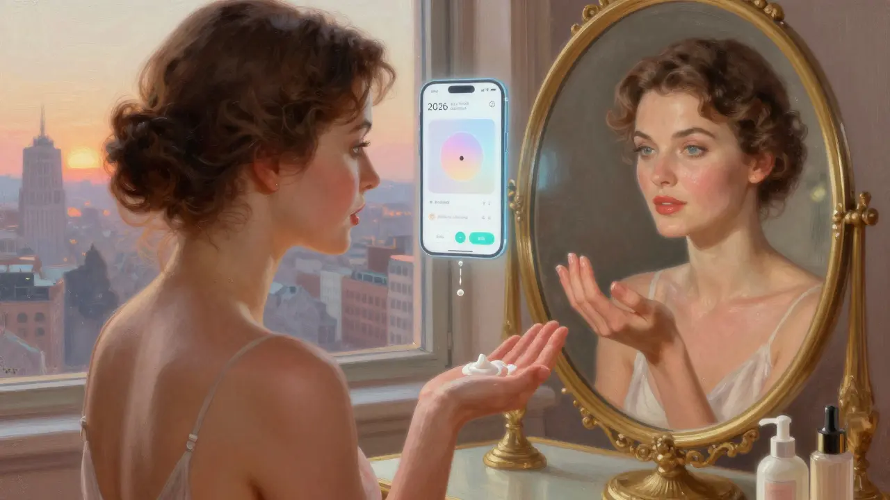 Женщина смешивает праймер с кремом, её отражение в зеркале показывает идеальную кожу, на фоне — силуэт города и интерфейс AI-приложения.