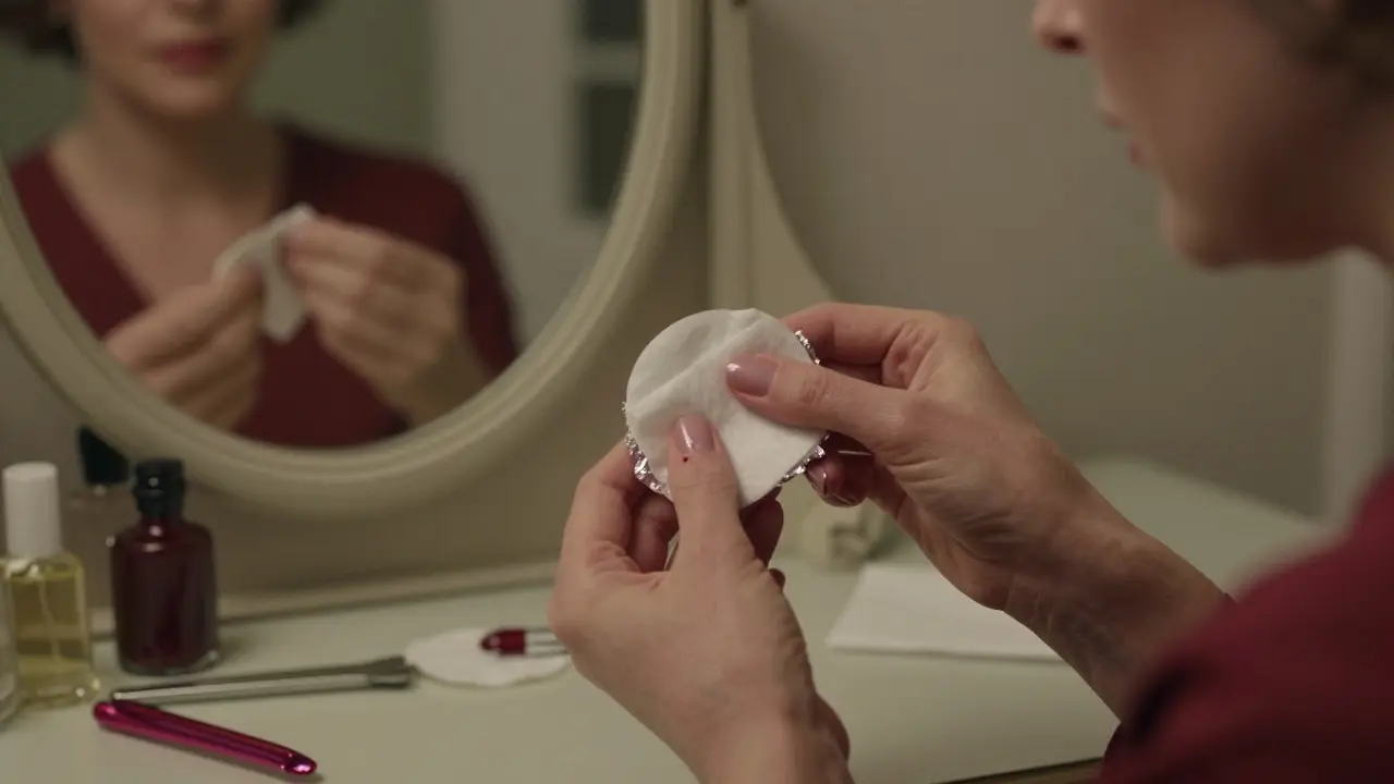 Женщина снимает гель-лак с помощью ватных дисков и фольги, спокойно и внимательно.