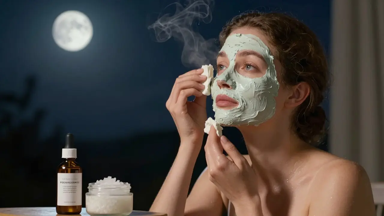 Женщина снимает глиняную маску, в комнате — пробиотическая сыворотка и ферментный пилинг, мягкий лунный свет.