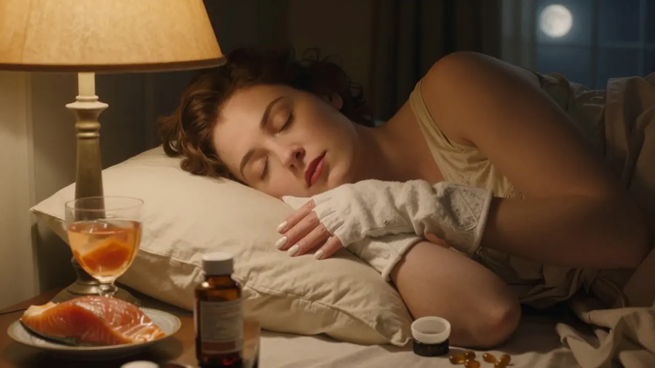 Женщина спит в хлопковых перчатках, руки лежат на подушке, рядом — витамины и крем.