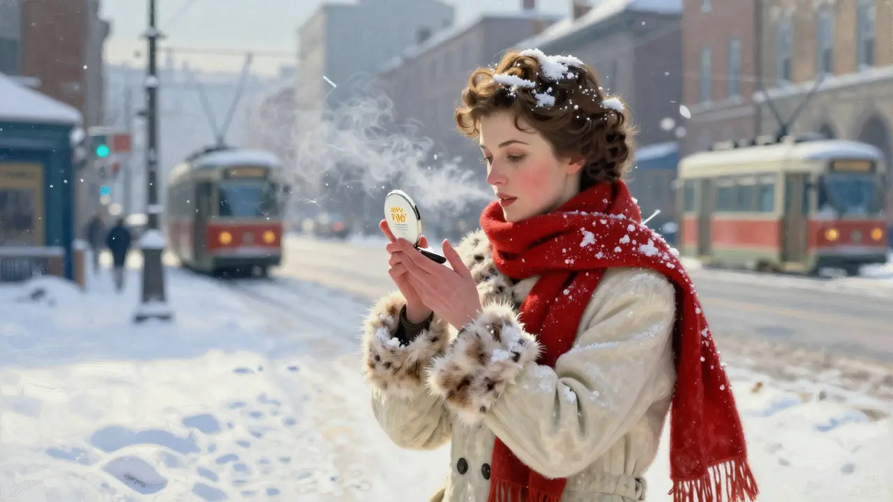 Женщина в зимней шубе наносит SPF на снегу в городской улице.