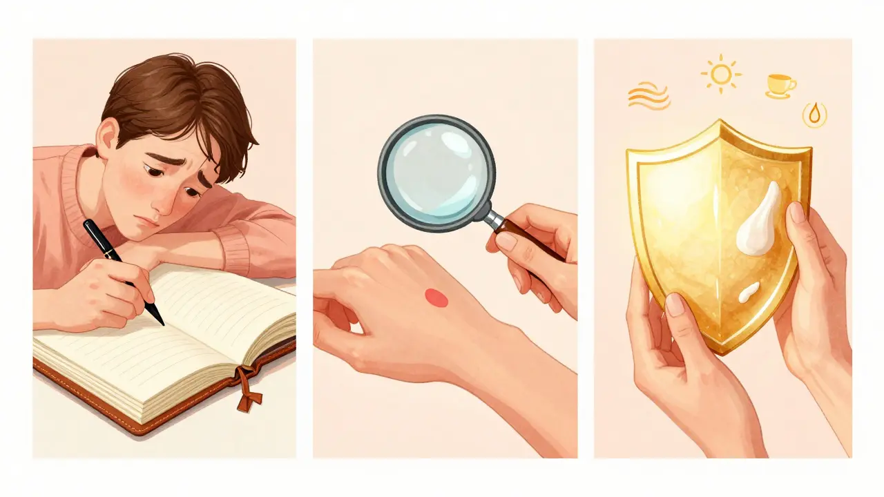 Человек ведёт дневник кожи: три сцены — нанесение средства, тест на запястье, восстановление барьера.
