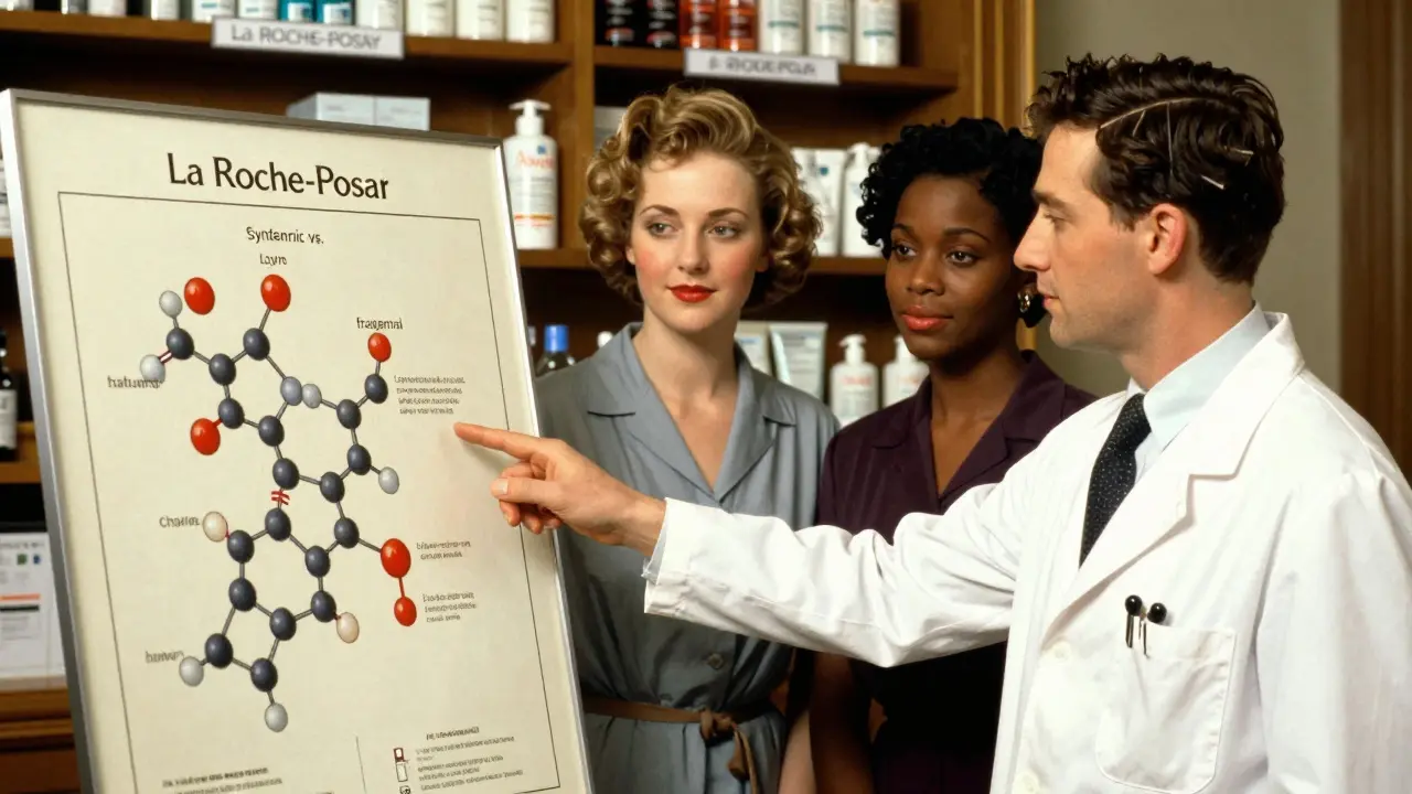 Дерматолог объясняет состав косметики, пациенты с чистой кожей стоят рядом с брендами для чувствительной кожи.