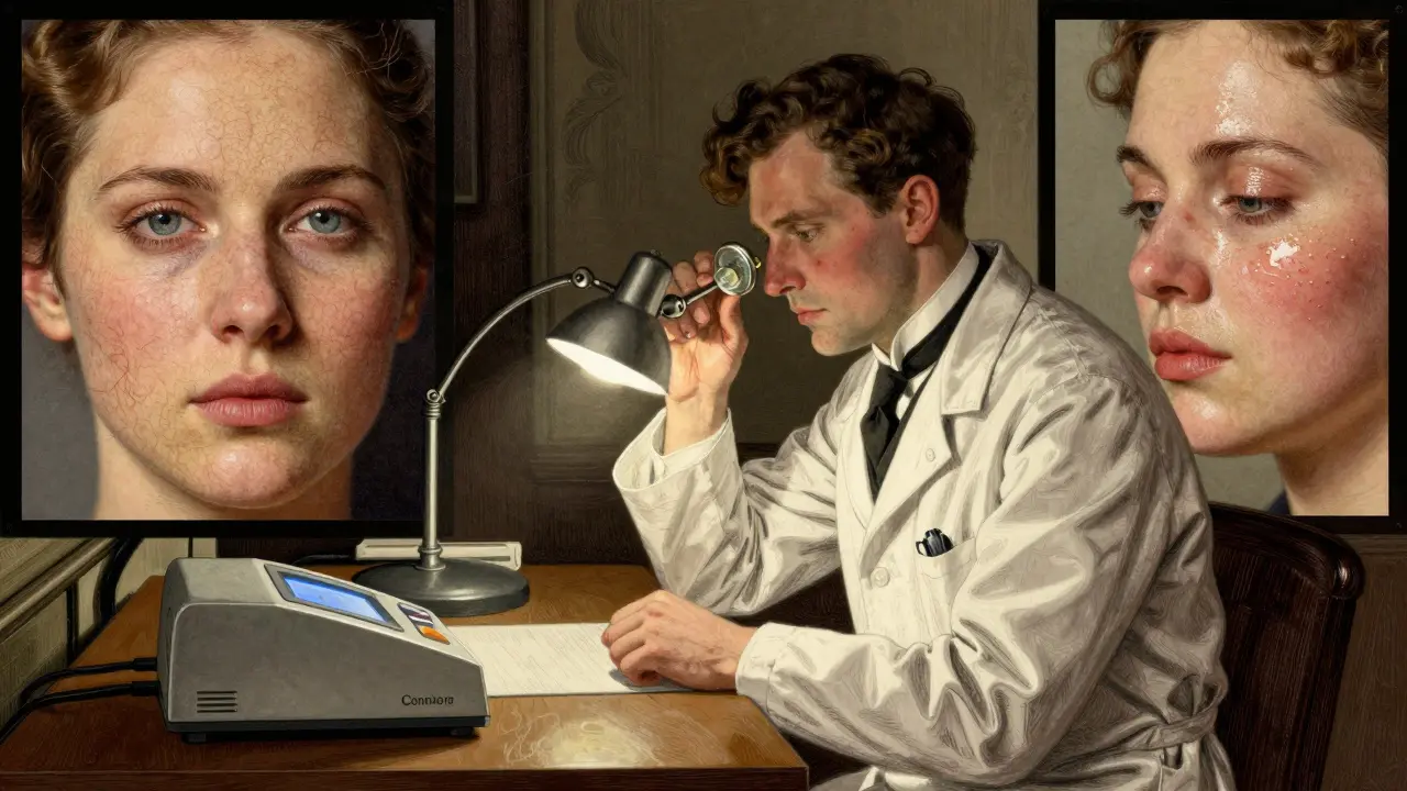 Дерматолог осматривает кожу лица под лампой, рядом с прибором для измерения увлажнённости.