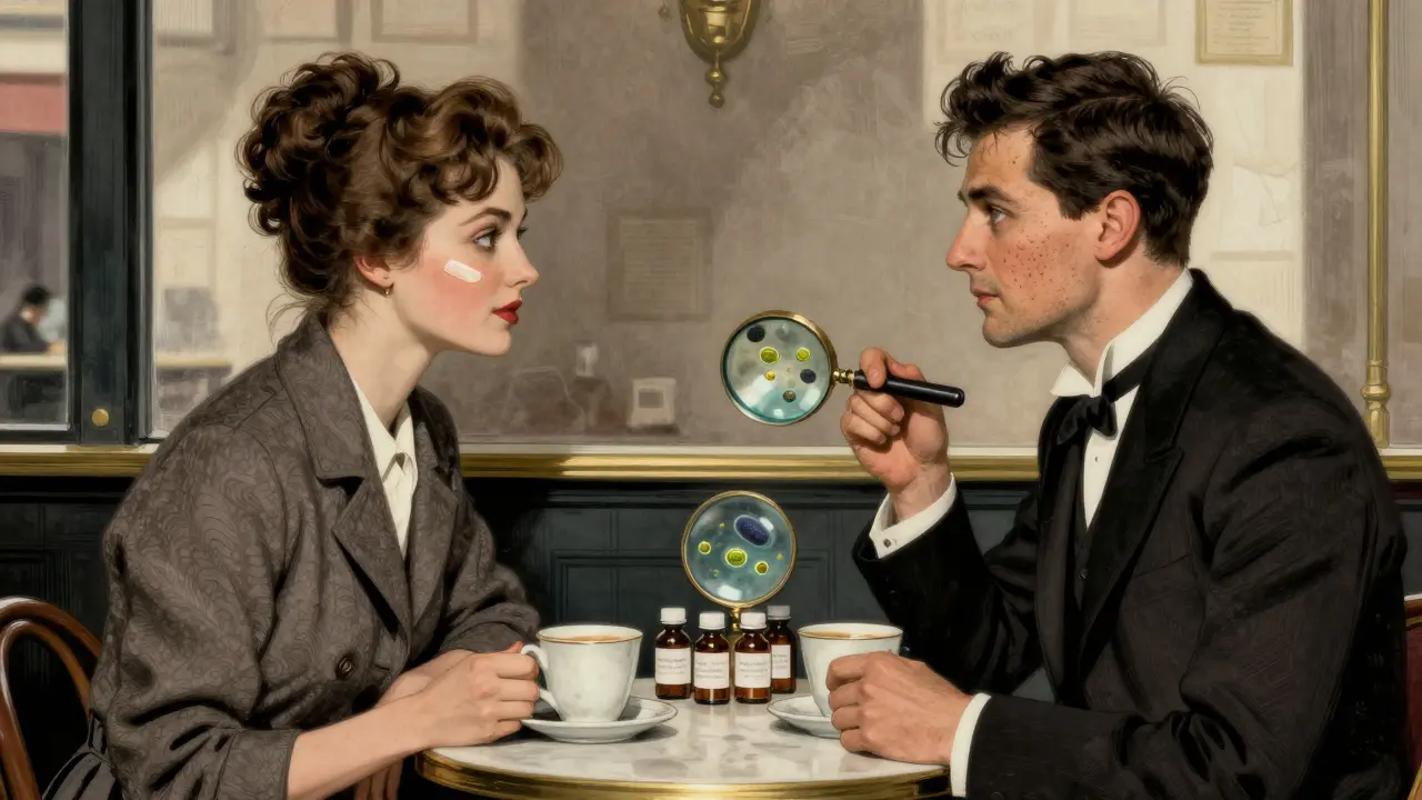 Два человека в кафе с разными типами тональных кремов, рядом — визуализация активных веществ и бактерий.