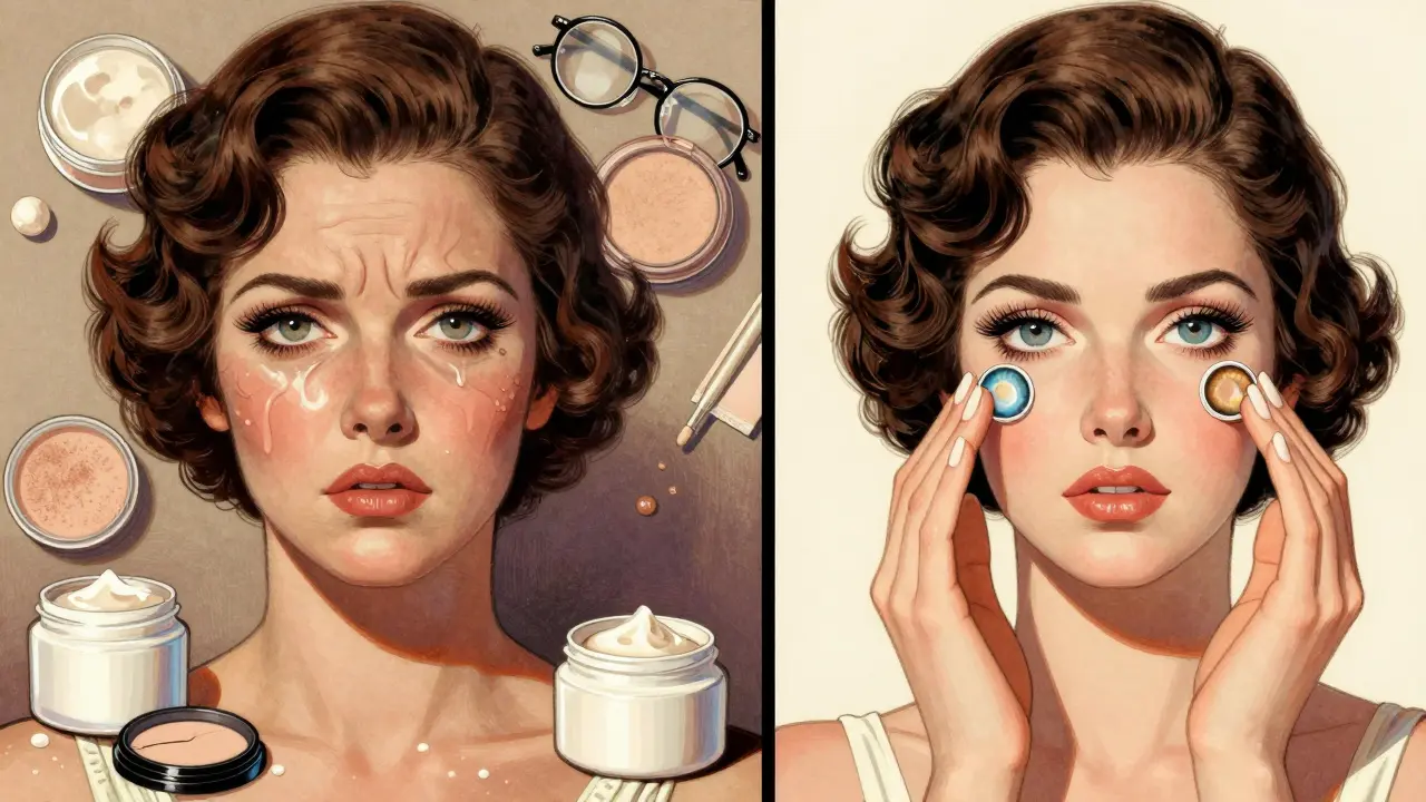 Двухсторонняя иллюстрация: слева — раздраженные глаза и косметика, справа — чистая кожа и правильный уход с однодневными линзами.