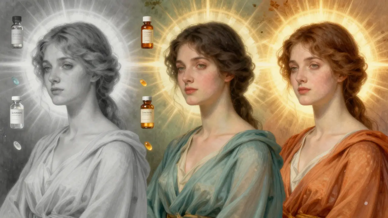 Лицо женщины, преображающееся через сезоны, с символами ухода и сияния в золотом свете.