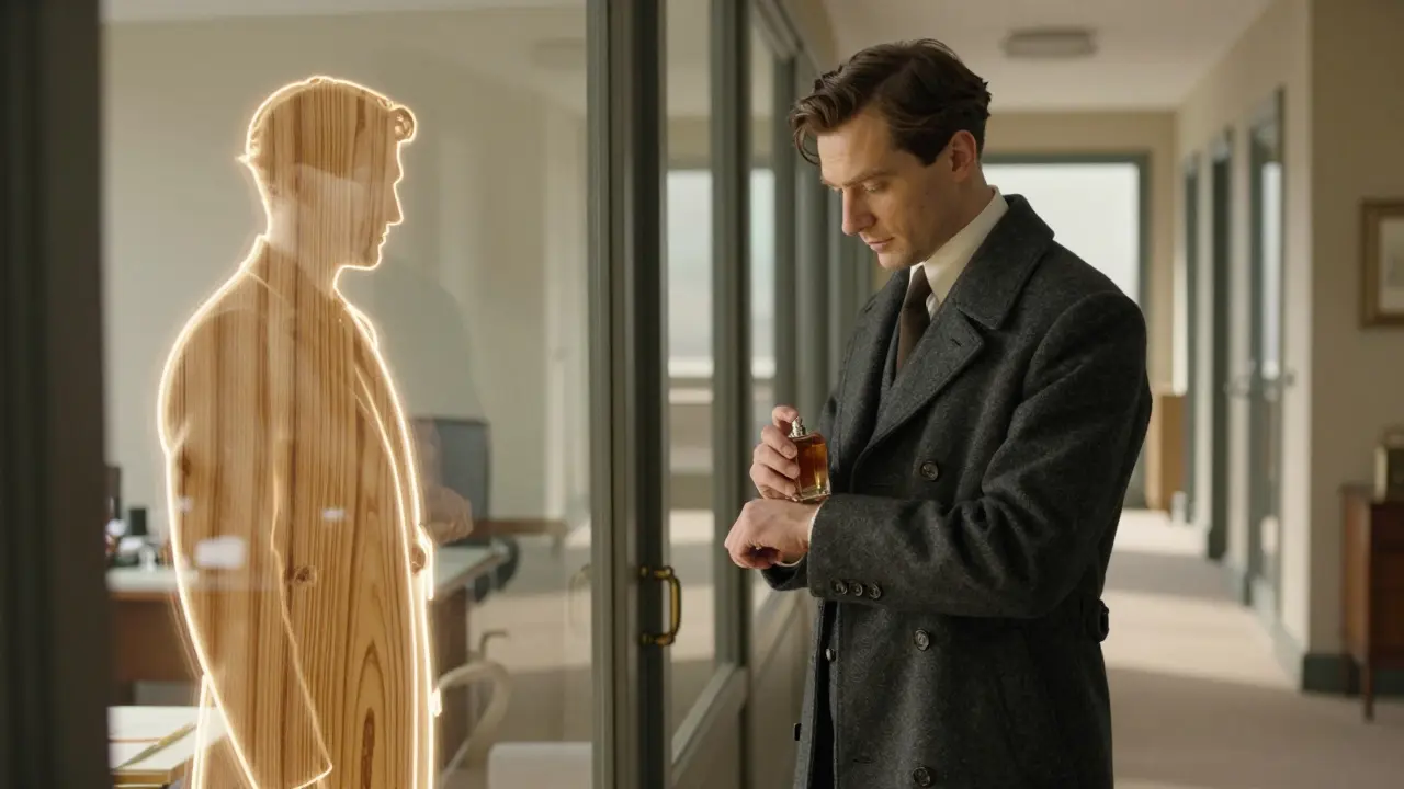 Мужчина у двери офиса, его отражение показывает чистую ткань и древесину — нейтральный, невидимый, но ощутимый запах.