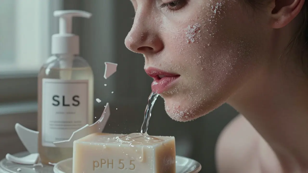 На щеке видны мелкие чешуйки, рядом разбитая бутылка с агрессивным средством.