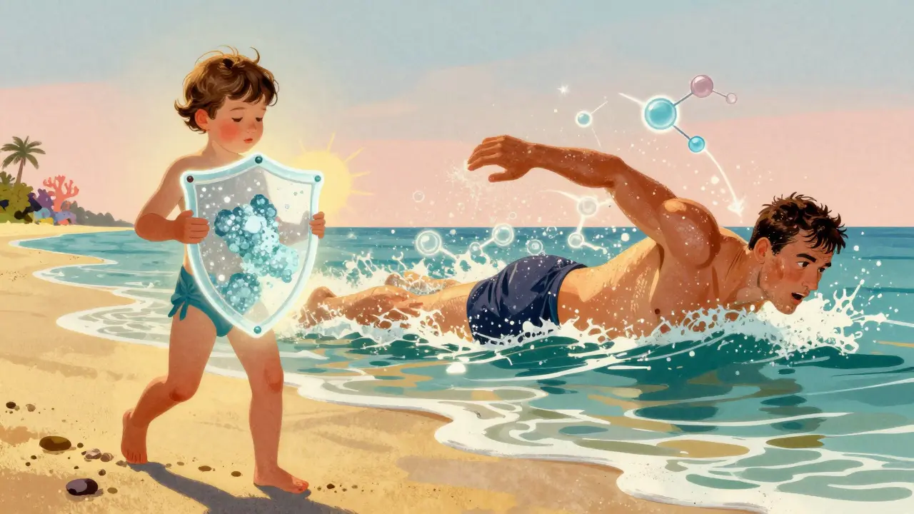 Ребёнок на пляже защищён минеральным щитом, взрослый пловец — химической формулой, на фоне коралловый риф.