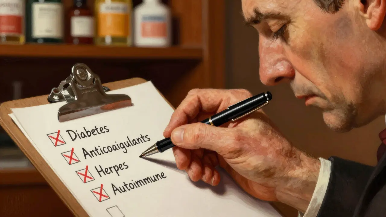 Рука мужчины на медицинском бланке с перечеркнутыми противопоказаниями.