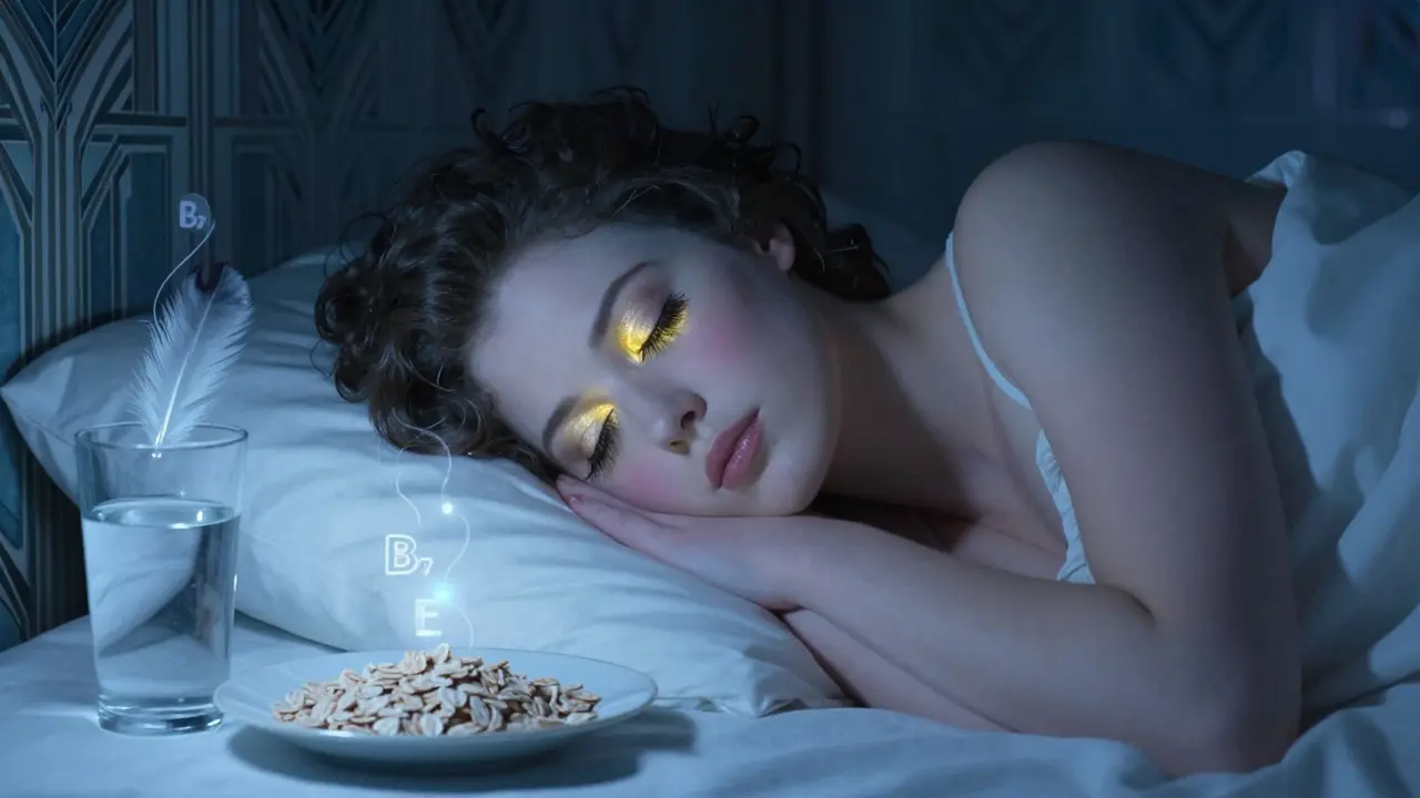Спящая женщина с густыми ресницами, витамины мягко светятся вокруг неё.