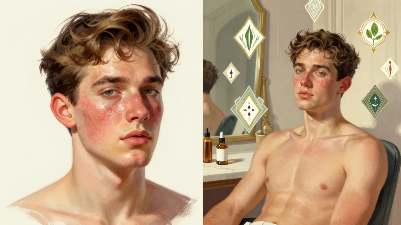 Сравнение до и после пилинга Джесснера: сначала жирная кожа с комедонами, потом гладкая и равномерная.