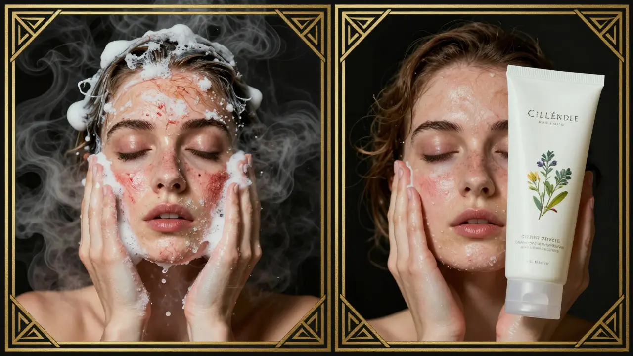 Сравнение двух средств для умывания: одно вызывает раздражение, другое — увлажнение.