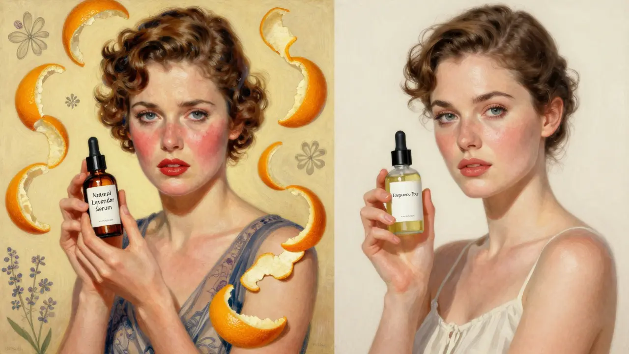 Сравнение: раздраженная кожа с натуральными эфирными маслами и спокойная кожа с fragrance-free продуктом.