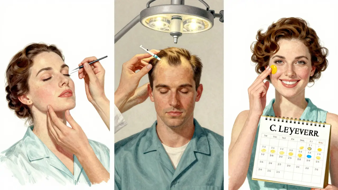 Три сцены: мезотерапия лица, scalp-инъекции и забота о коже с солнцезащитным кремом.