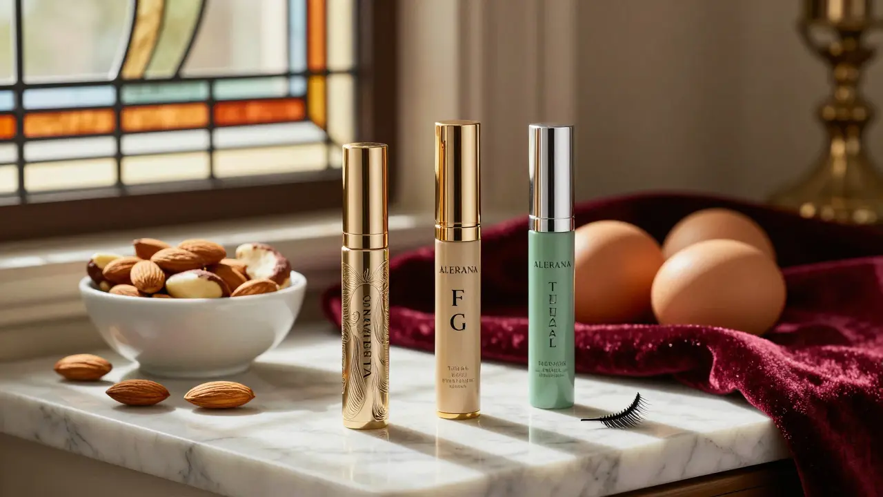 Три сыворотки для ресниц и продукты питания на мраморной поверхности.