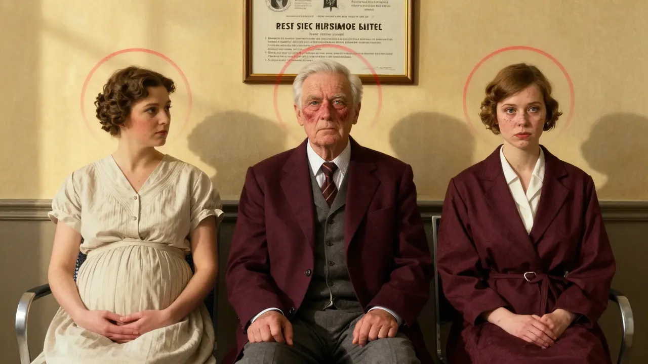 Трое пациентов в ожидании, каждый с красным световым контуром, символизирующим запрет.