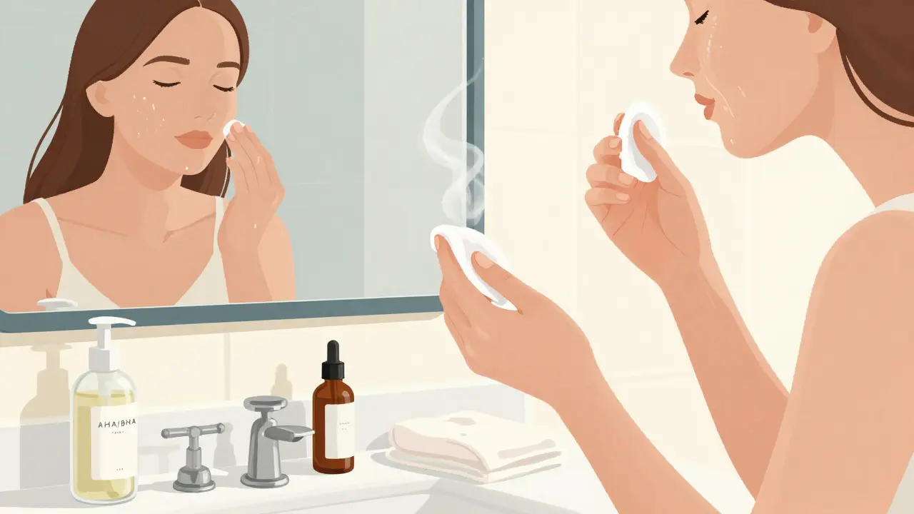 Утренний уход: сыворотка наносится на влажную кожу, рядом — средства для пилинга.