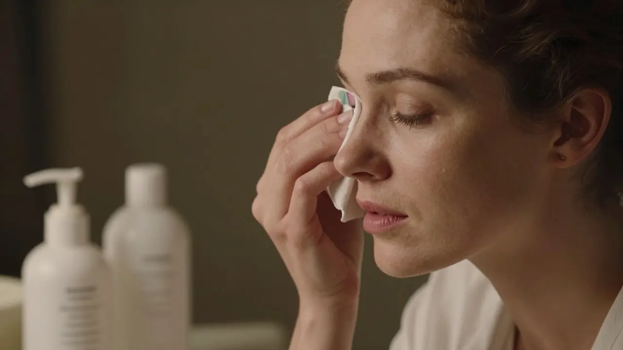 Женщина аккуратно снимает контактные линзы перед демакияжем, в руке — флакон мицеллярной воды.