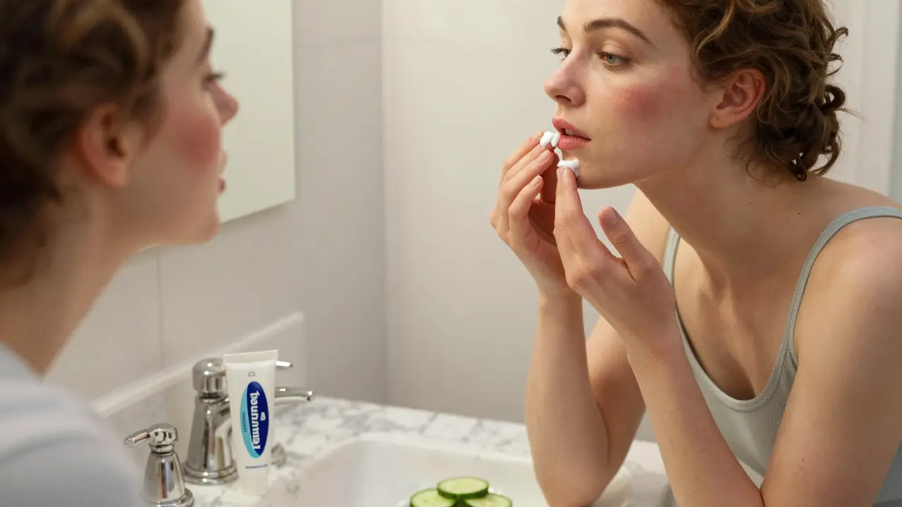 Женщина наносит крем Бепантен на губы, уменьшая отек и синяки