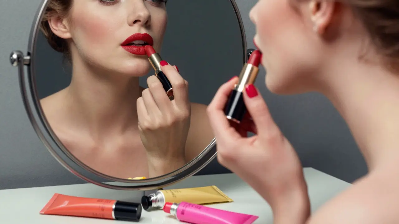 Женщина наносит помаду, ее отражение показывает идеальный цвет, остальные — отвергнуты
