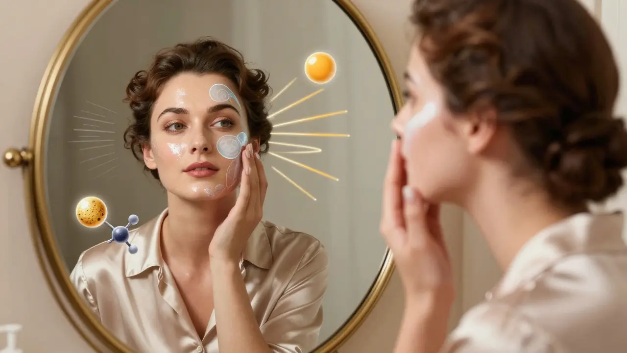 Женщина наносит солнцезащиту, в зеркале видны два типа защиты: химическая и физическая, в стиле деко.