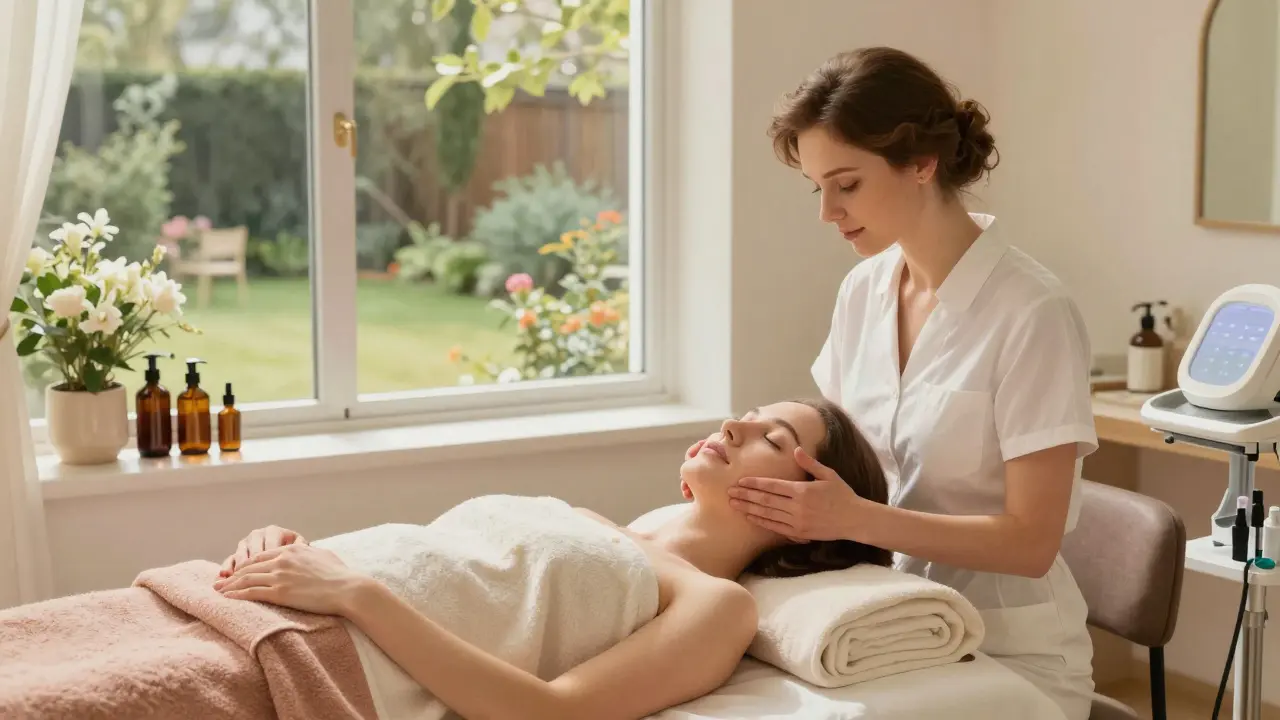 Женщина получает массаж и LED-терапию в уютной комнате без инъекций.