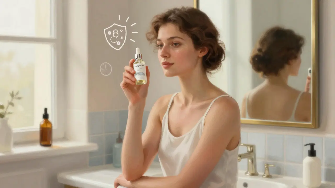 Женщина с чистой кожей смотрит в зеркало, рядом — сыворотка Angiofarm и символы ухода.