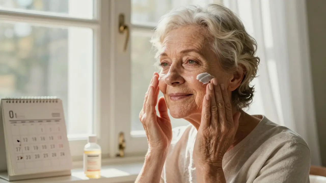 Женщина с признаками фотостарения наносит увлажняющий крем, её кожа теперь сияет, рядом лежит бутылочка пилинга.