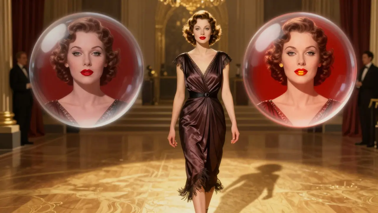 Женщина в вечернем платье идет по залу, ее губы ярко-красные, вокруг нее парят образы неправильных оттенков.