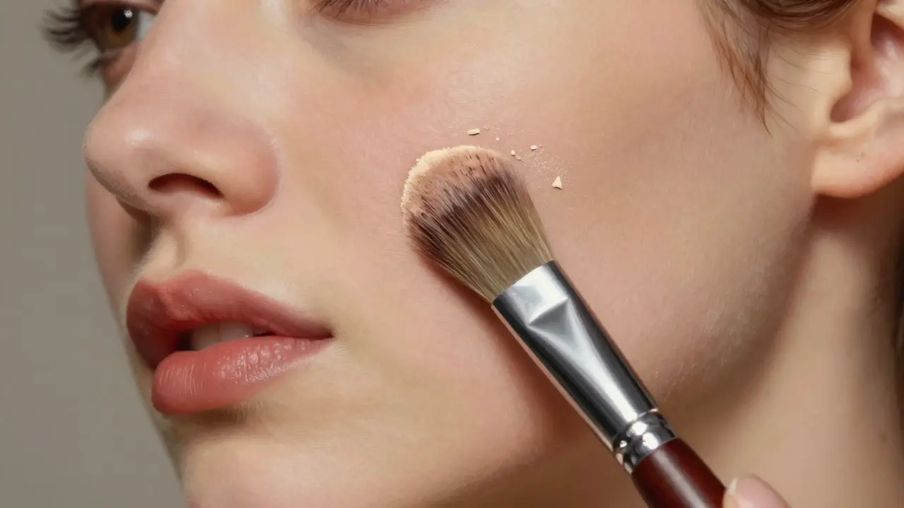 Ближе к щеке: одна легкая кисть пудры на идеальной коже рядом с незатронутым участком шелушения.