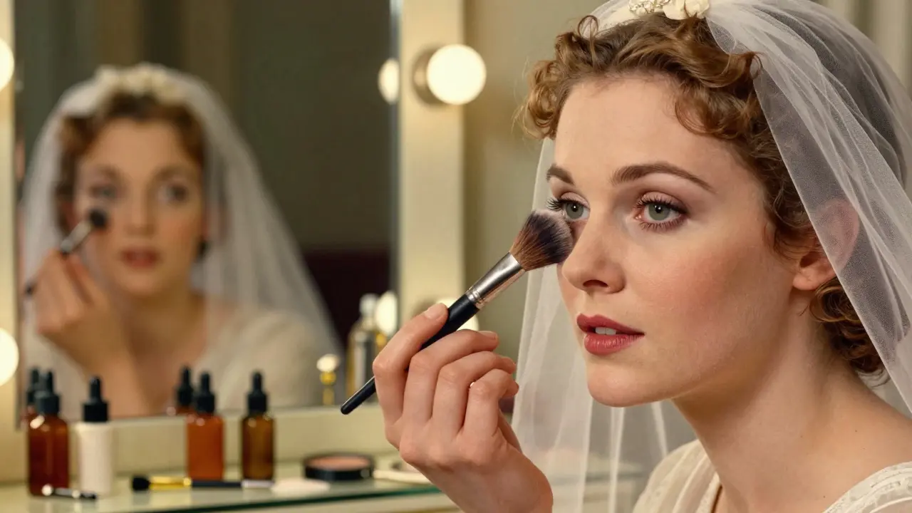 Ближний план лица с нанесённой пудрой, кисть в воздухе, за спиной — отражение в зеркале с бутылочками ухода.