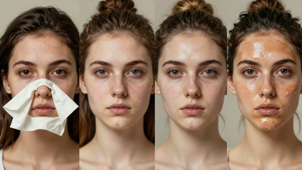 Четыре типа кожи: сухая, нормальная, комбинированная и жирная, показаны на салфетках с разным следом жира.