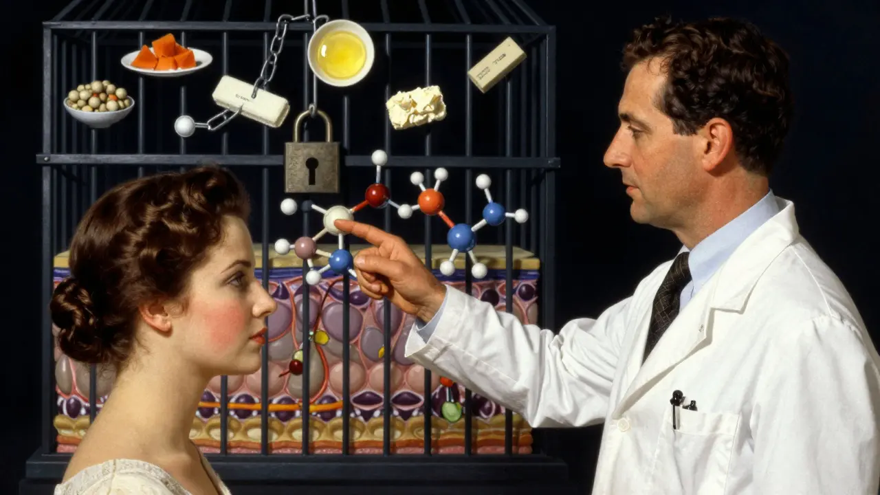 Дерматолог объясняет восстановление барьера кожи, в фоне — запрещенные ингредиенты в виде закованных цепями.