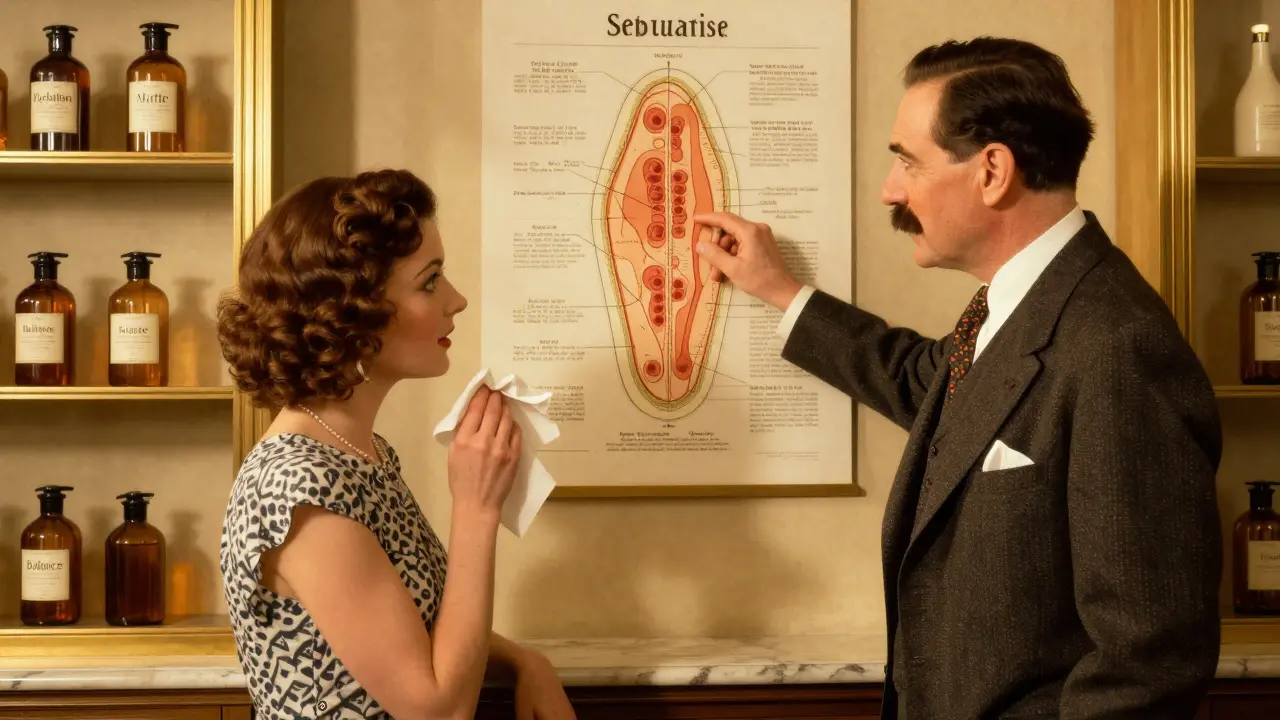 Дерматолог объясняет женщине тип кожи, указывая на диаграмму с распределением себума.