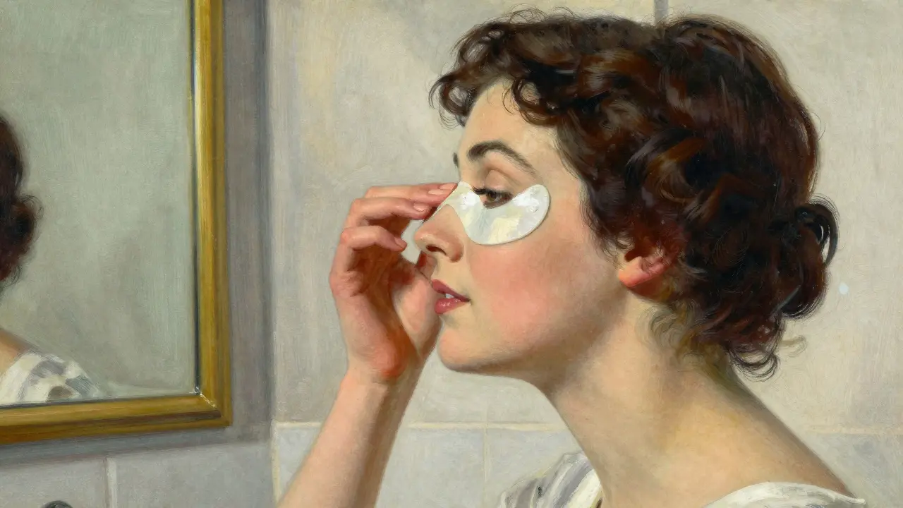 Девушка наносит патчи под глаза в спокойной обстановке ванной комнаты