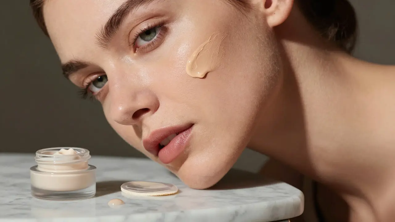 Девушка растушёвывает тональный крем влажным спонжем, кожа выглядит естественно, без следов слоёв.