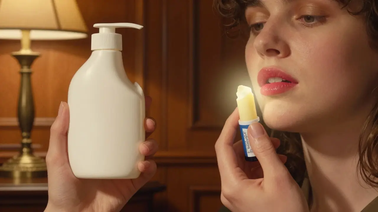 Две руки: одна с вазелином, другая с лечебным бальзамом — контраст между сухостью и заживлением.