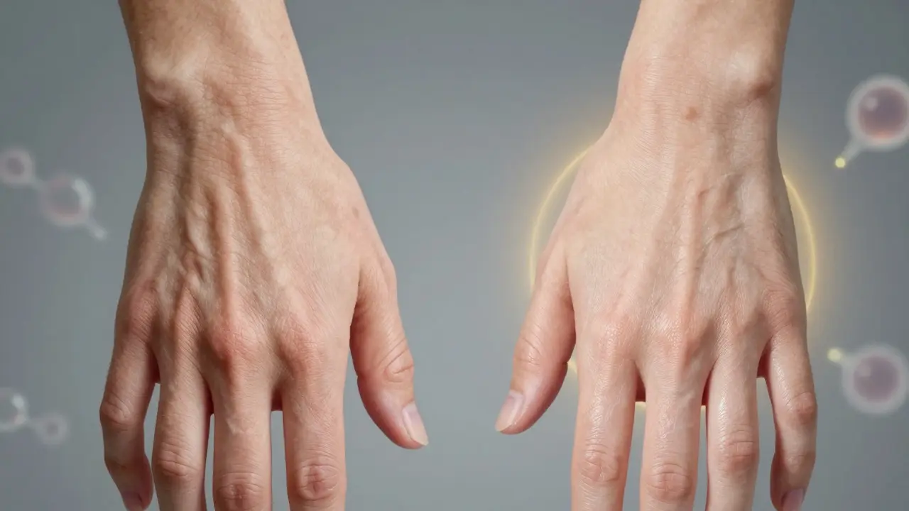 Две руки: одна стареющая, другая омоложенная — сравнение текстур и цвета кожи под естественным светом.