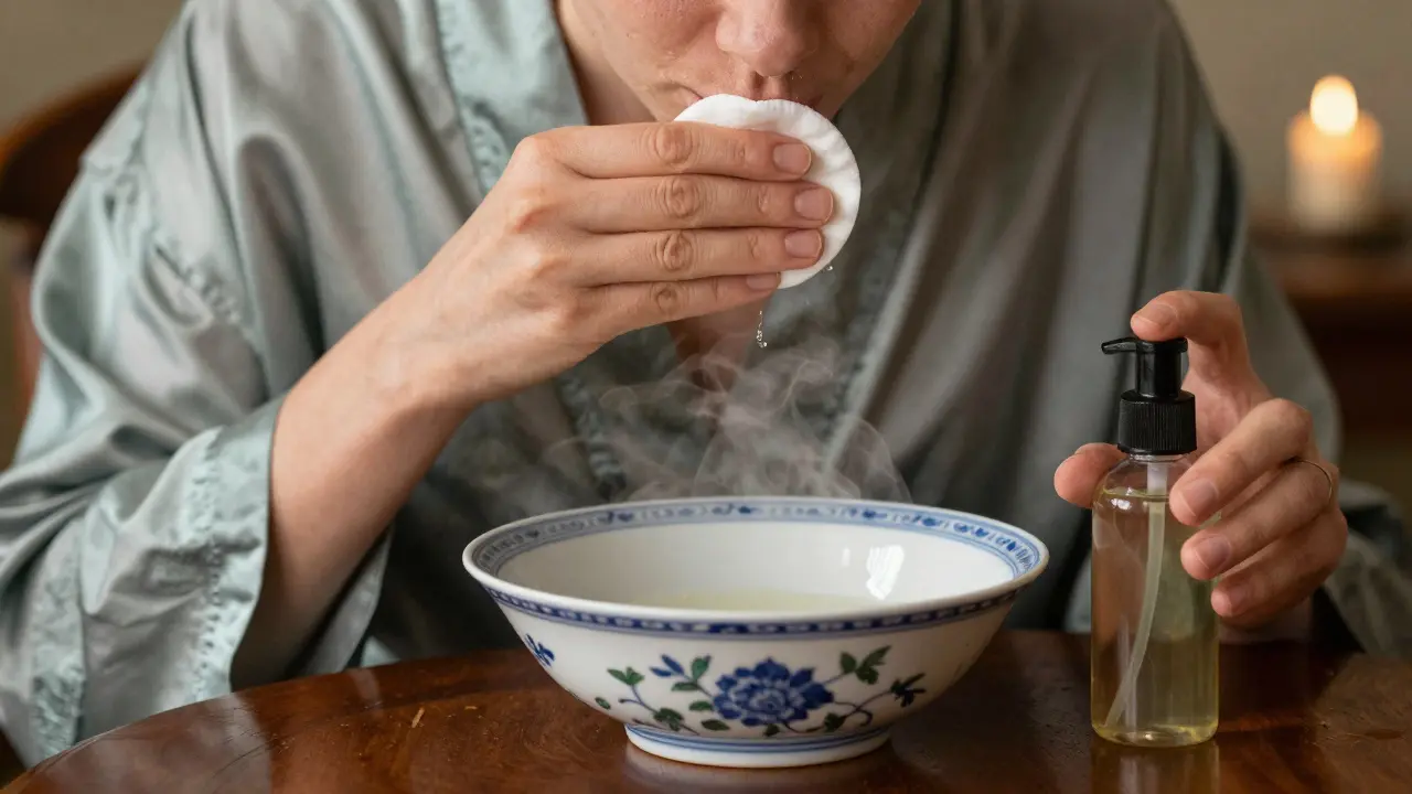 Двухэтапное снятие тинта: вата с маслом и бутылочка рядом с миской и паром.