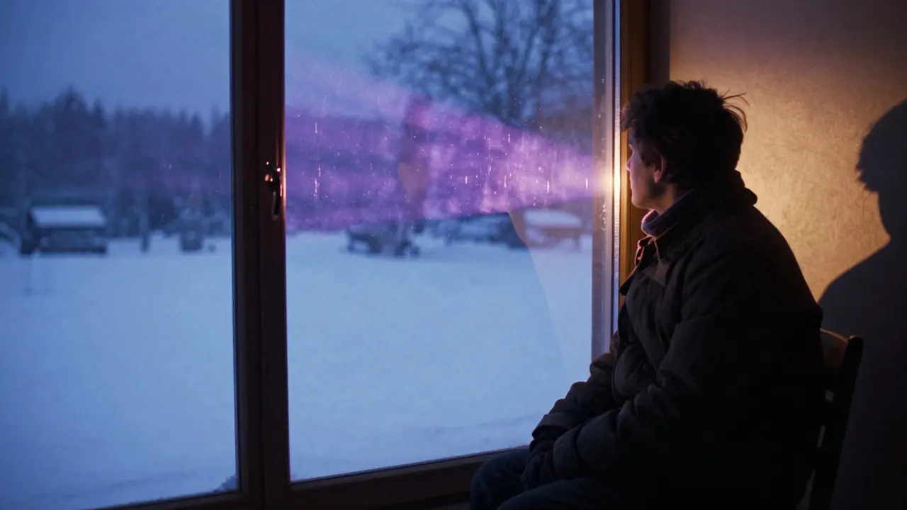 Фигура у зимнего окна демонстрирует риск ультрафиолета