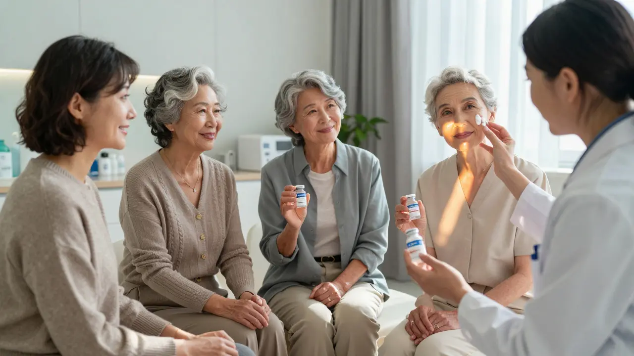 Группа людей в клинике с сияющей кожей, держащих флаконы гиалуроновой кислоты.