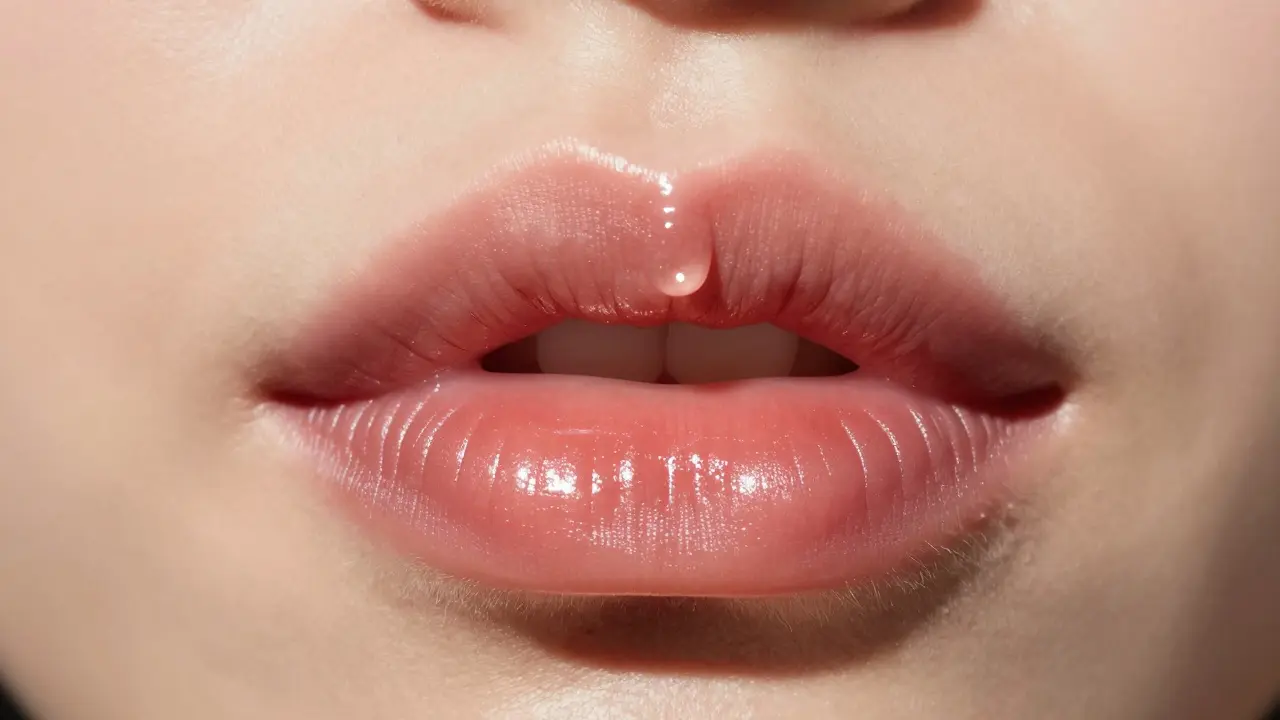 Губы с плавным омбре-переходом: темные края и светлый центр с блеском.