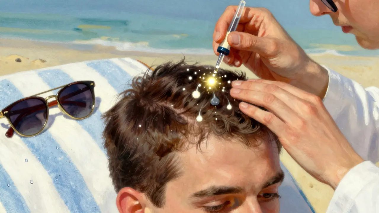 Мезотерапия кожи головы с микро-каплями активных веществ, усиливающими корни волос, на фоне летних атрибутов.