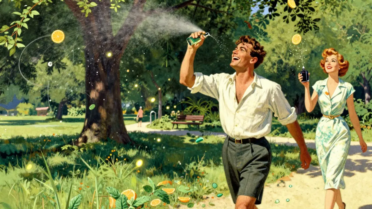 Мужчина распыляет туалетную воду в парке, вокруг него летят цитрусовые ноты.