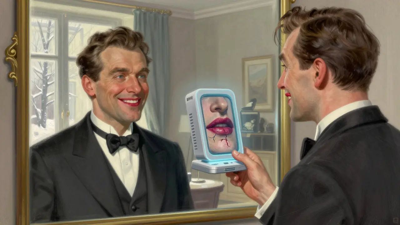 Мужчина с восстановленными губами смотрит в зеркало, где виден его прежний повреждённый образ.