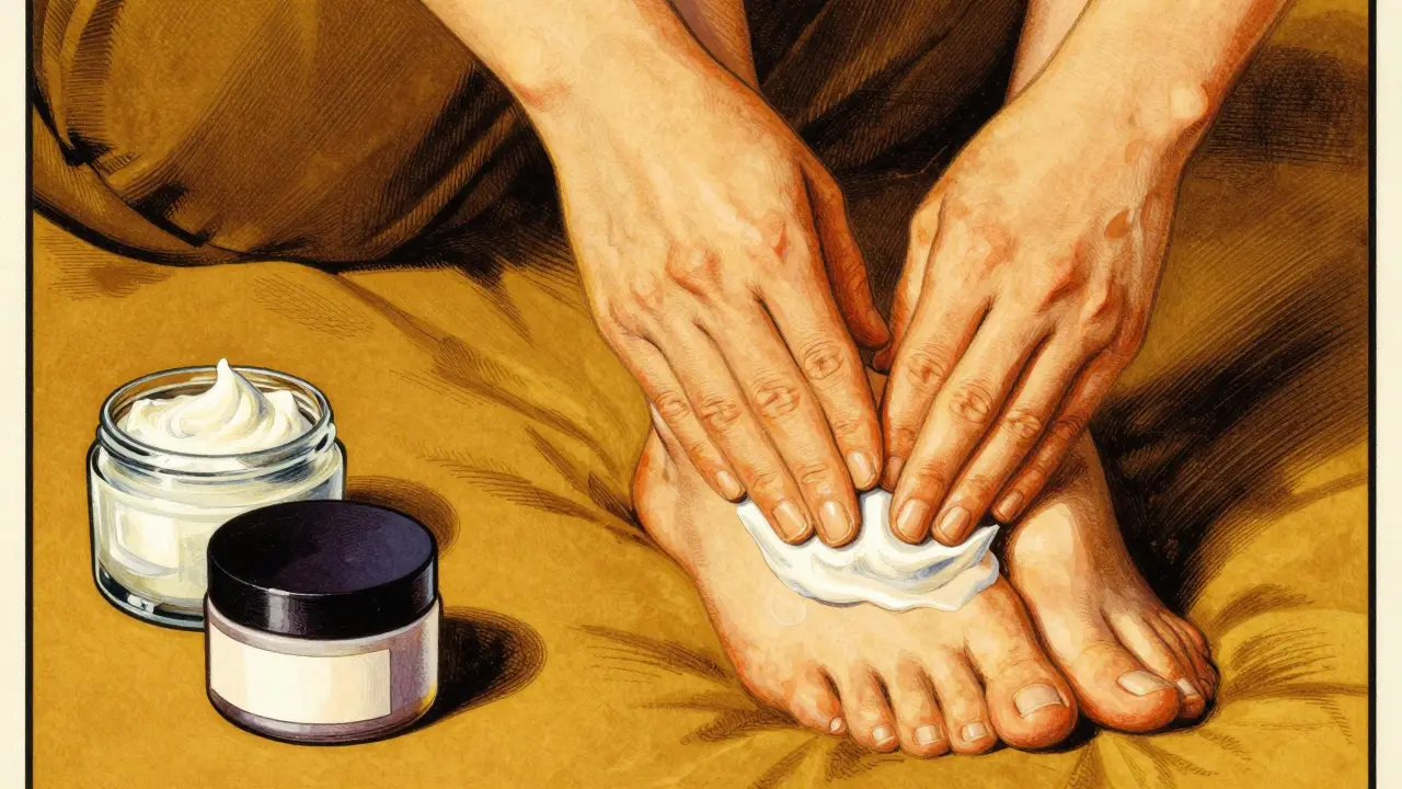 Нанесение увлажняющего крема на стопы близкий план