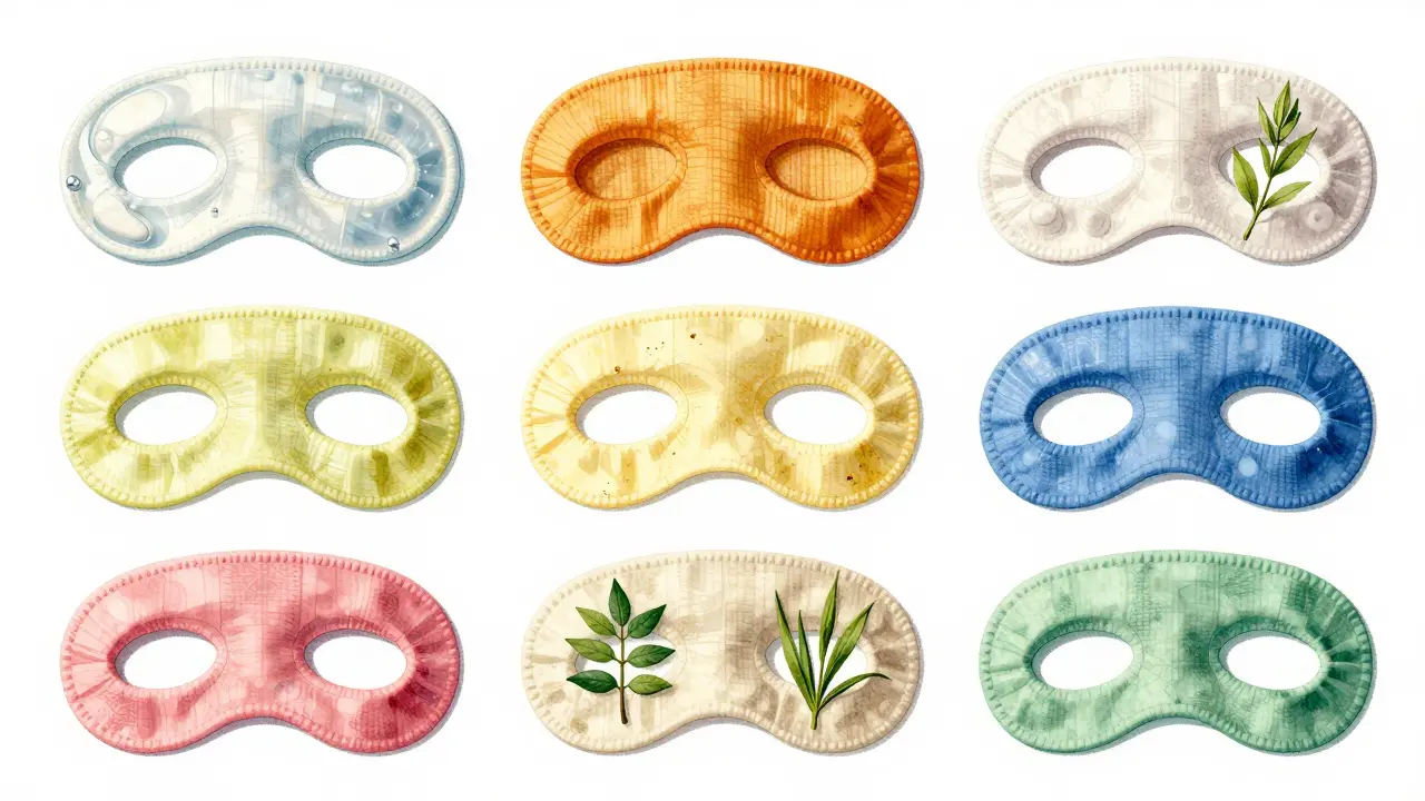 Разные текстуры патчей для кожи вокруг глаз с растениями и яркими цветами