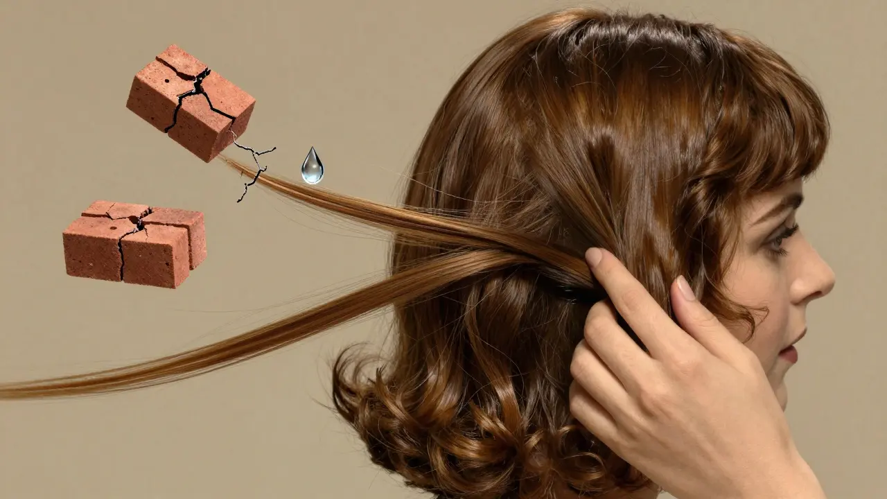 Рука наносит восстанавливающее средство на волосы, вокруг — метафоры восстановления структуры.